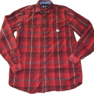 Carhartt Rugged Flex Relaxed Fit Collared Plaid Button Down Shirt Red Large